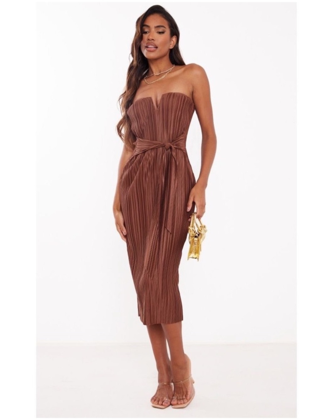 PrettyLittleThing Plisse V Bar Tie Waist Midi Dress